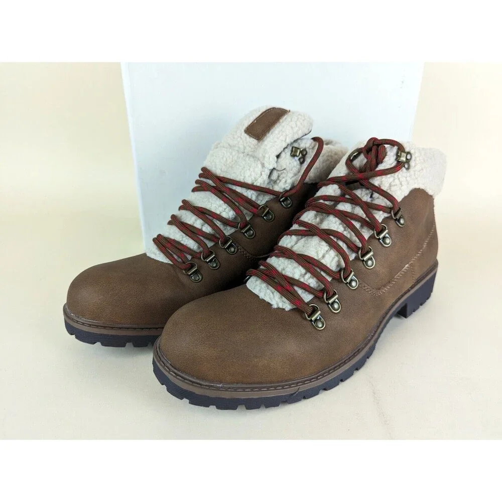 Sun Stone Glenn Lace Up Boots Mens 9 M Tan Faux Leather Fleece Shoes NWB